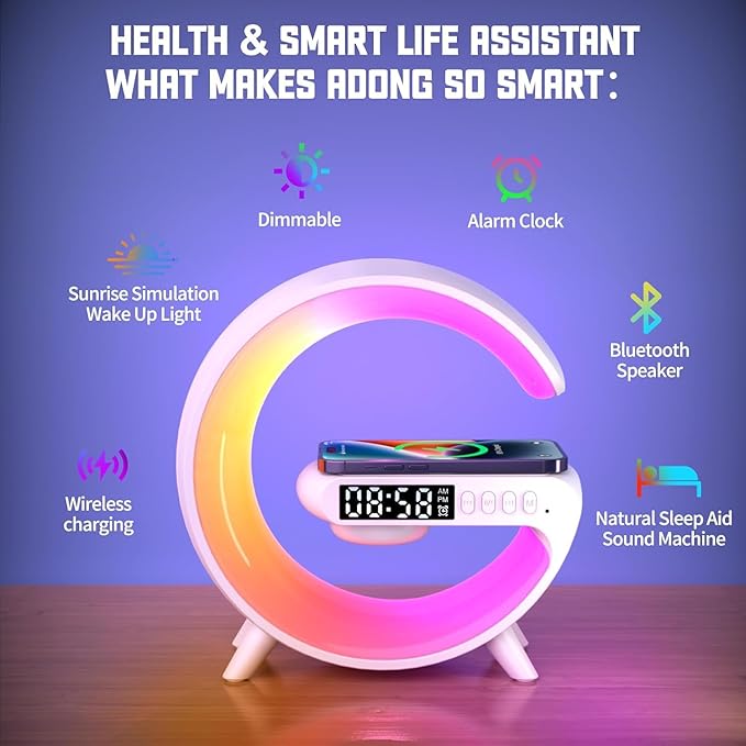 LED Night Lamp Digital Alarm Clock with Wireless Speaker Sound Machine & Charging Function for Mobile Phone 10 Lighting Modes Mini Size 𝐆𝟔