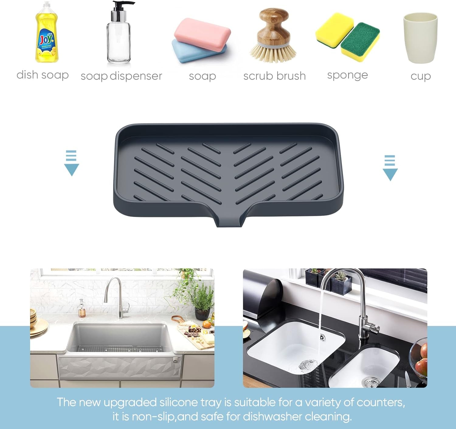 Sink Dish Soap Trays with Drain Spout for Kitchen Bathroom, Caddy for Sponge Soap Dispenser Scrubber Bottle Cup