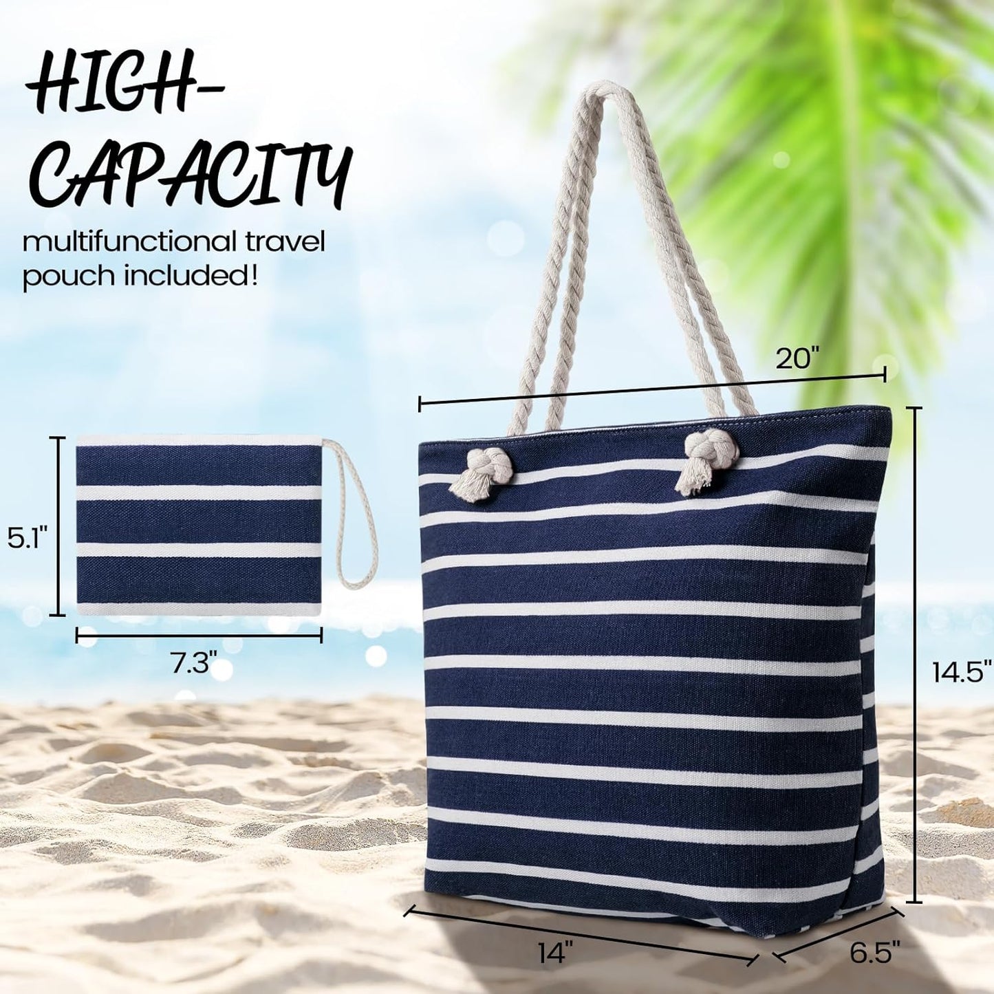 Women's Beach Tote Bag With Handles, Shoulder Bag With Zipper and Pocket Purse, Swimming Pool Travel Bag