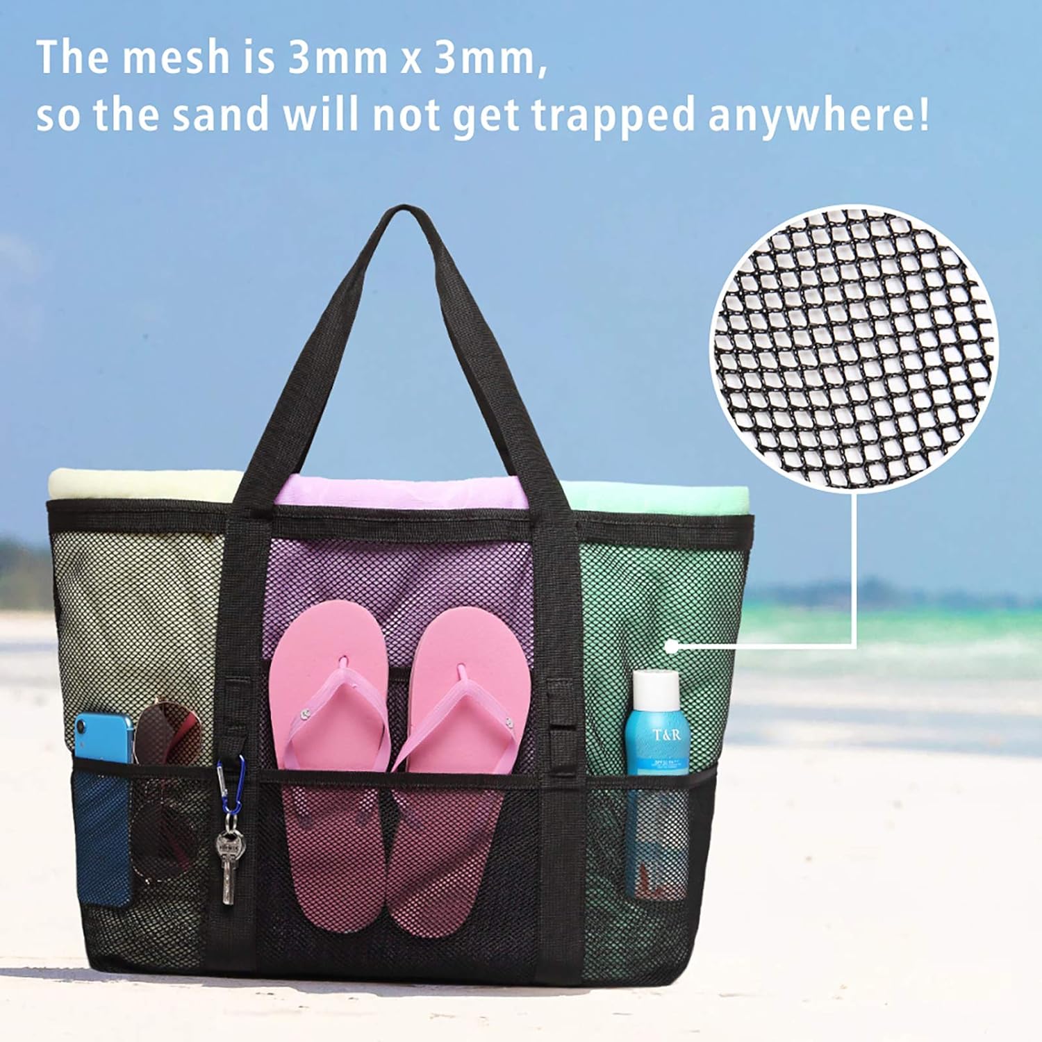 Women's Beach Tote Bag With Handles Extra Large Mesh Bag With 8 Pockets 1 Zipper Pocket Beach Towel Pool Travel Bag