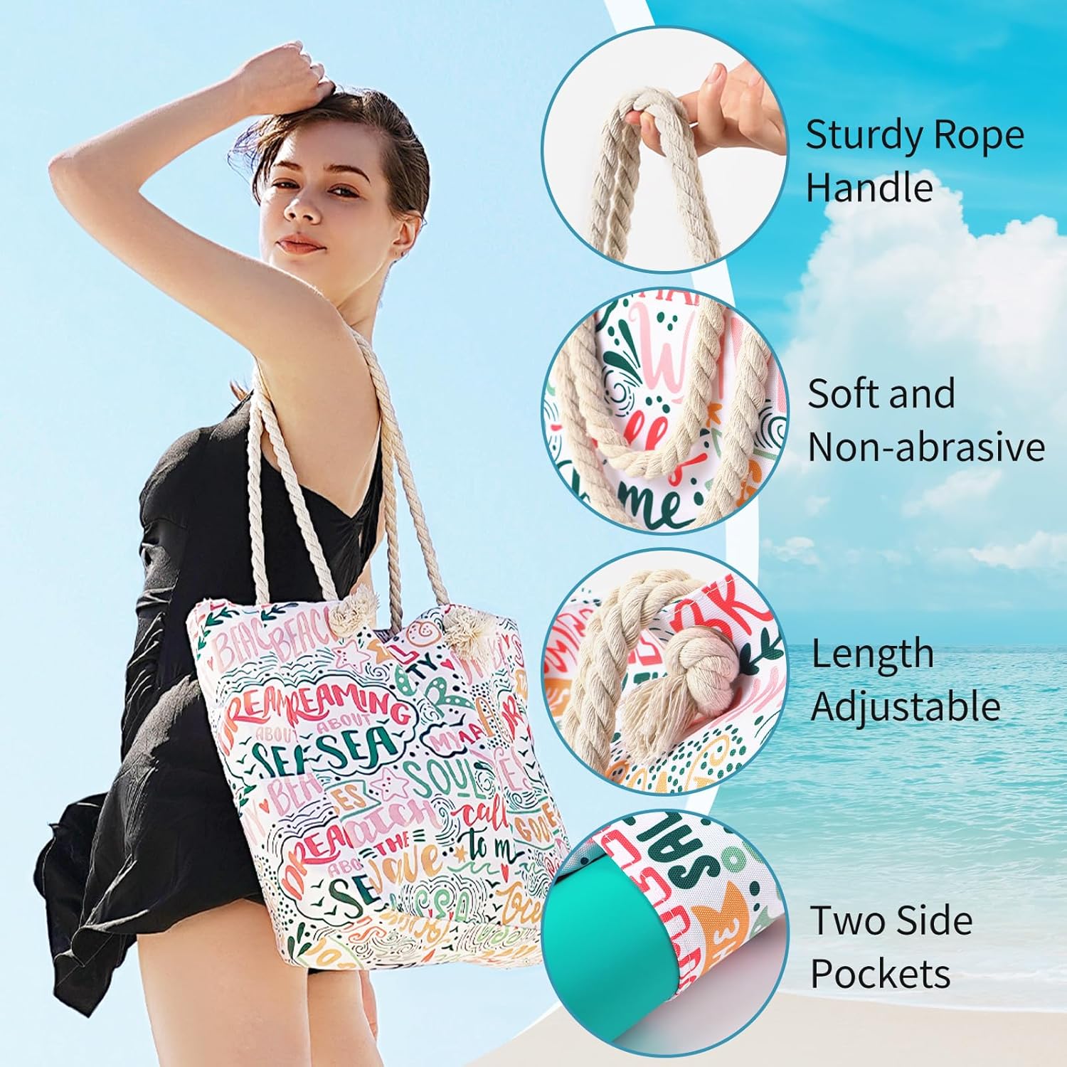 Women's Beach Tote Bag With Handles Large Shoulder Bag with Zipper Pool Vacation Weekend Travel Cruise Gym Bag