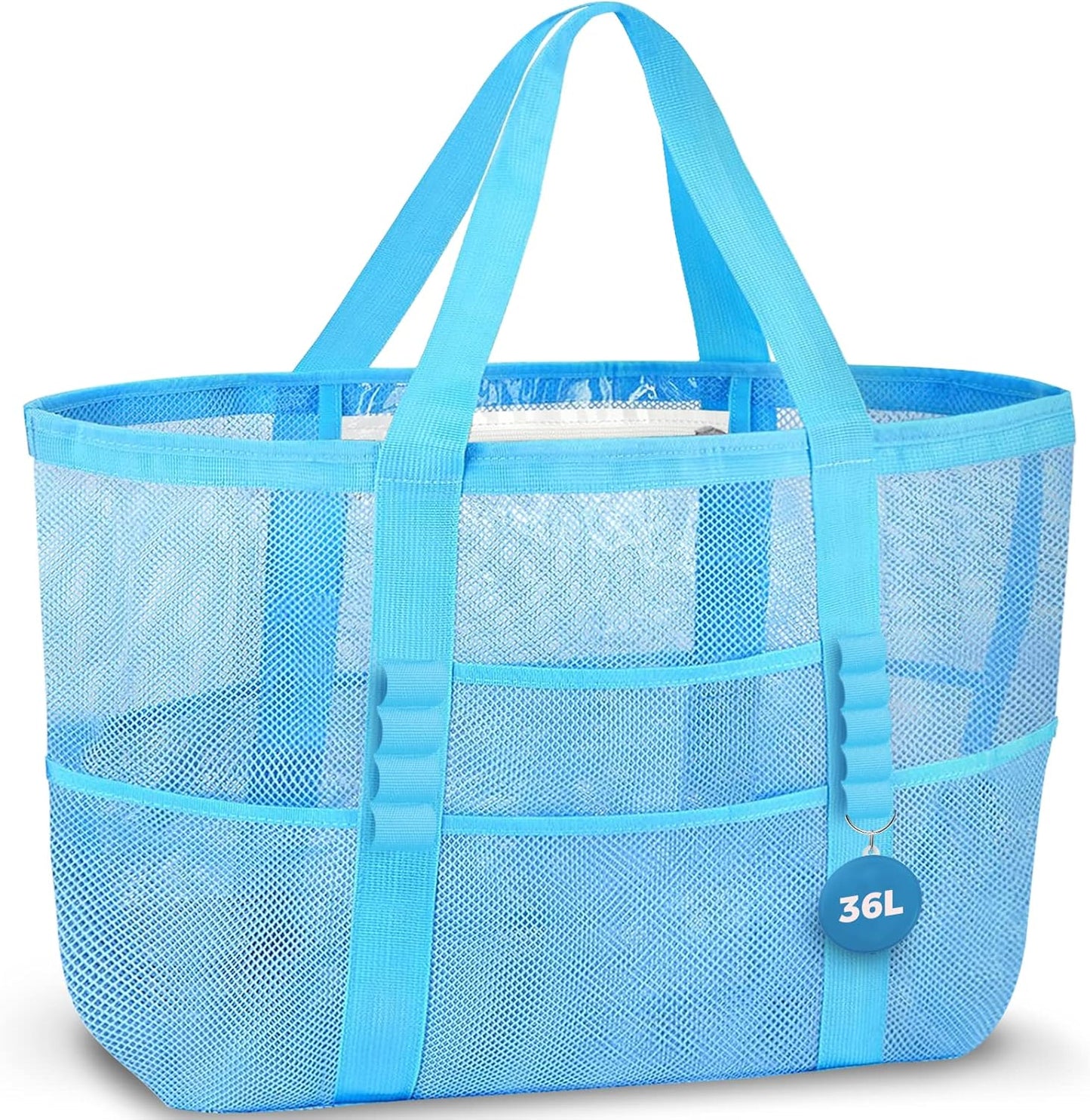 Women's Mesh Beach Tote Bag With Handles Large Shoulder Bag Lightweight with 9 Pockets Beach Towels Pool Vacation Weekend Bag