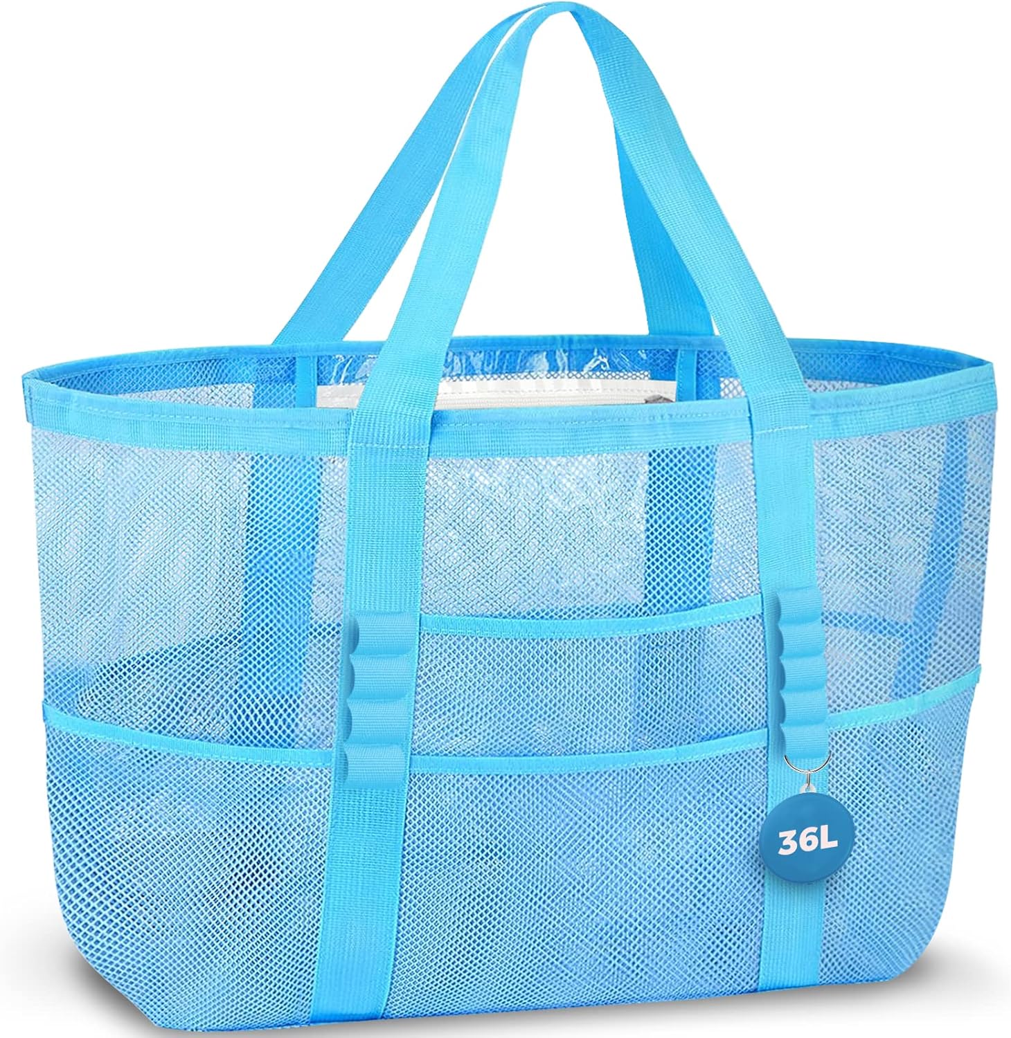 Women's Mesh Beach Tote Bag With Handles Large Shoulder Bag Lightweight with 9 Pockets Beach Towels Pool Vacation Weekend Bag