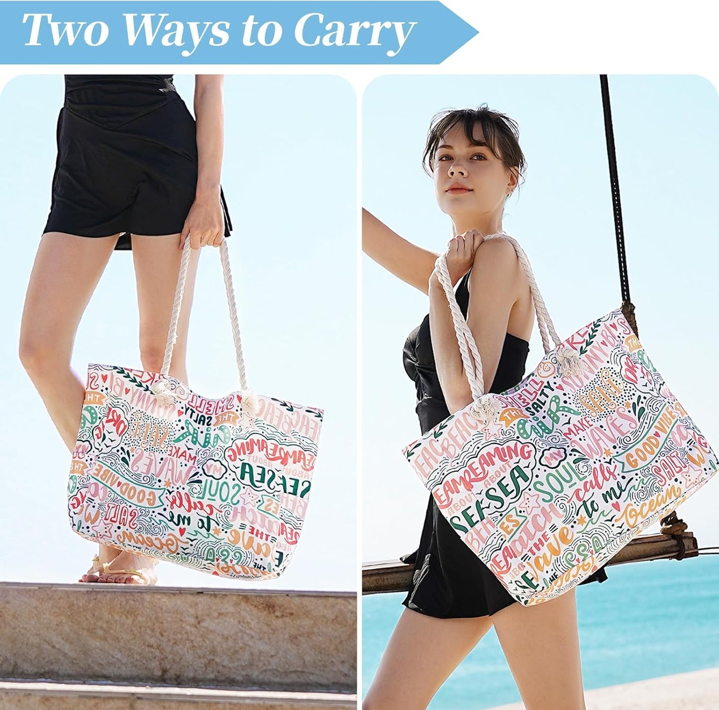 Women's Beach Tote Bag With Handles Large Shoulder Bag with Zipper Pool Vacation Weekend Travel Cruise Gym Bag