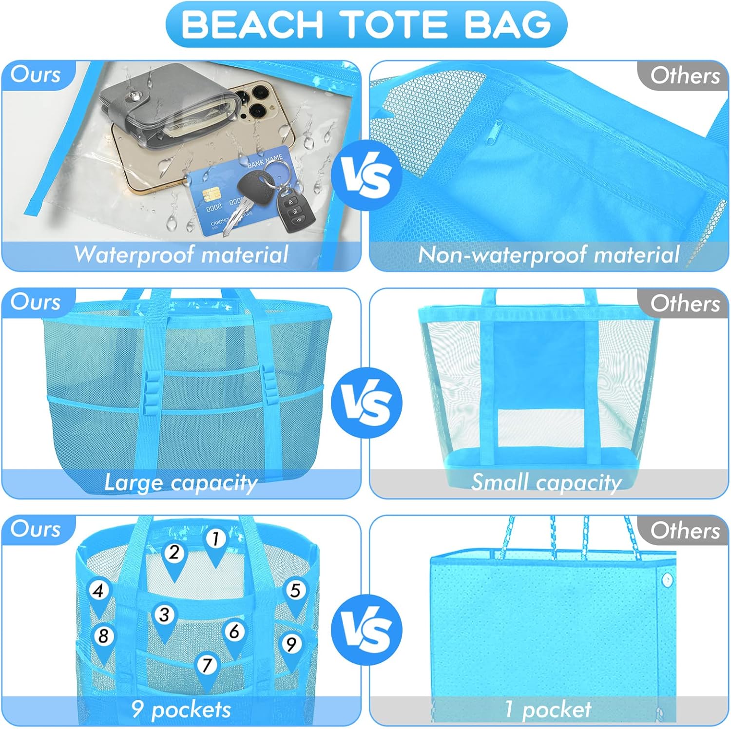 Women's Mesh Beach Tote Bag With Handles Large Shoulder Bag Lightweight with 9 Pockets Beach Towels Pool Vacation Weekend Bag