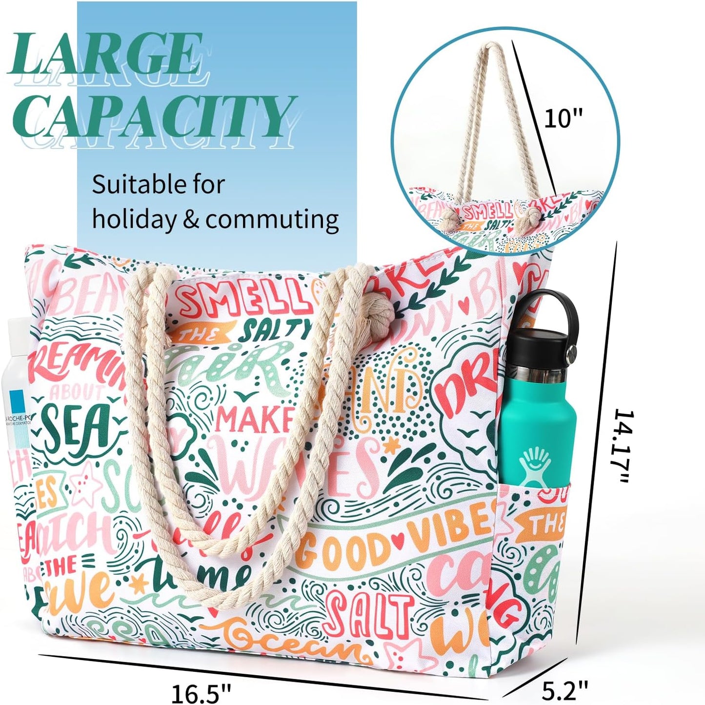 Women's Beach Tote Bag With Handles Large Shoulder Bag with Zipper Pool Vacation Weekend Travel Cruise Gym Bag