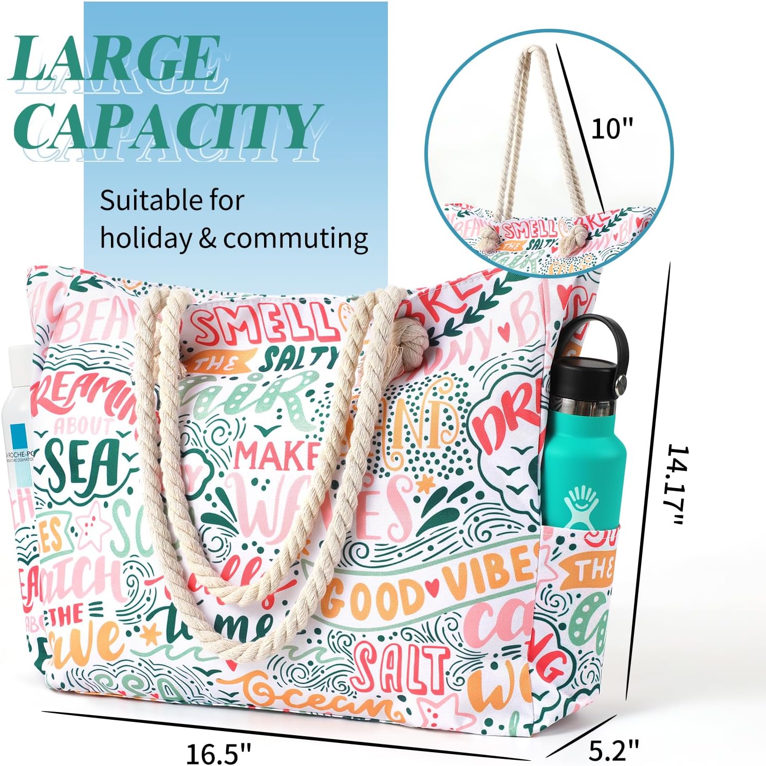 Women's Beach Tote Bag With Handles Large Shoulder Bag with Zipper Pool Vacation Weekend Travel Cruise Gym Bag