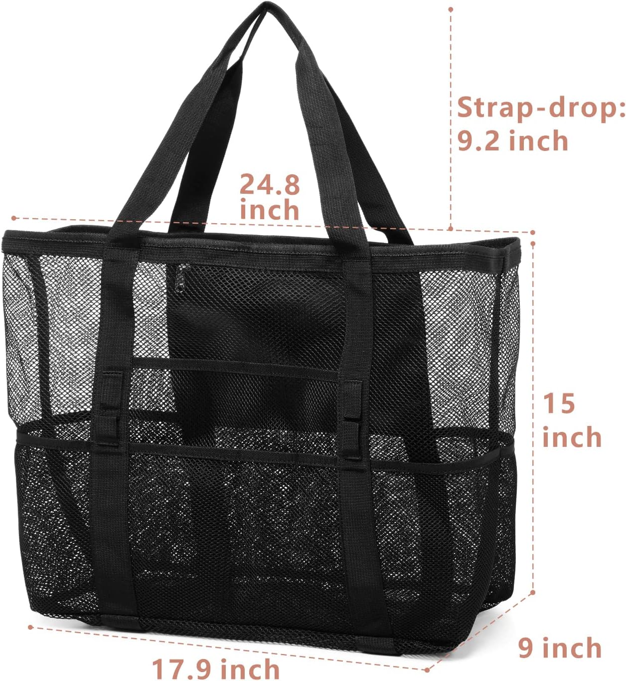 Women's Beach Tote Bag With Handles Extra Large Mesh Bag With 8 Pockets 1 Zipper Pocket Beach Towel Pool Travel Bag